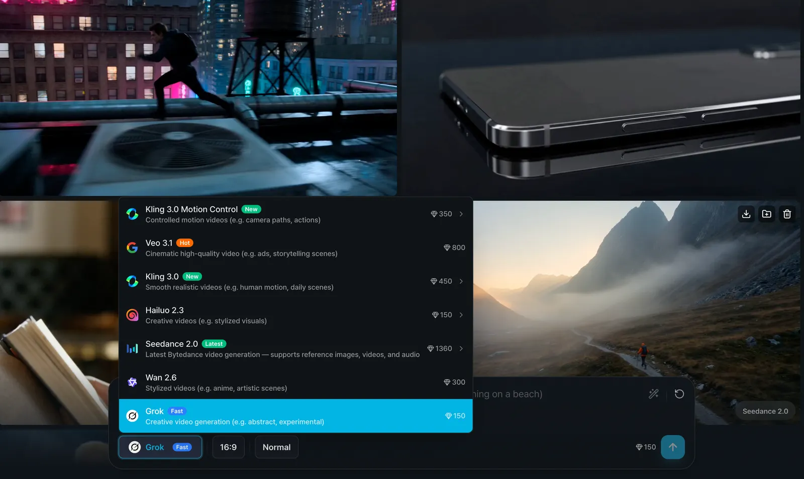 Gendia's unified canvas with multiple AI video models accessible at once