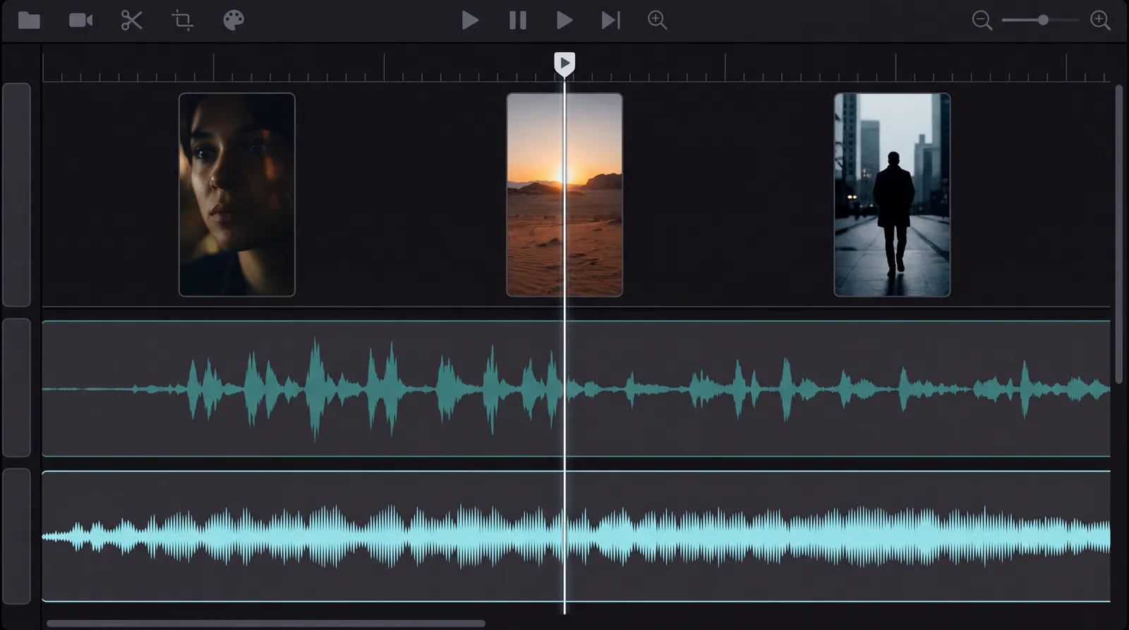 Timeline editor showing vertical shots, voice track, and music track aligned